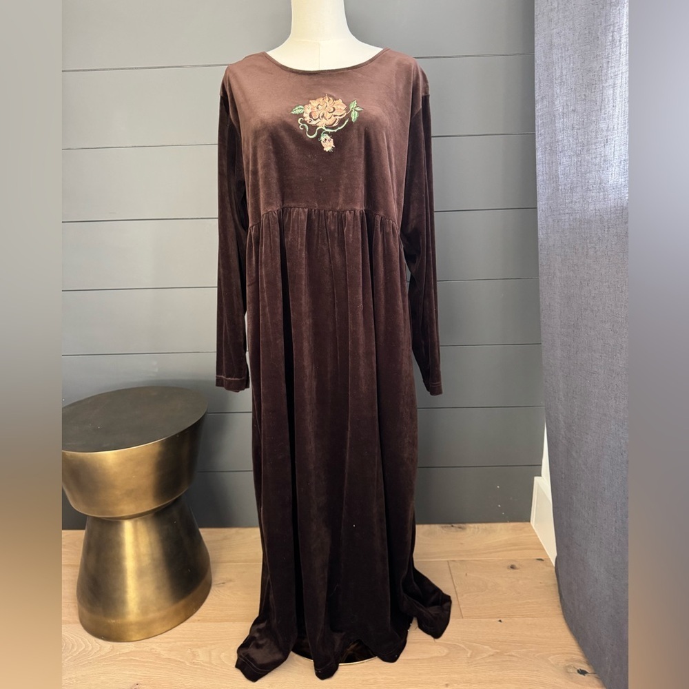 Vintage 90’s Shenanigans Brown Velveteen Baby Doll Dress Floral Embroidery